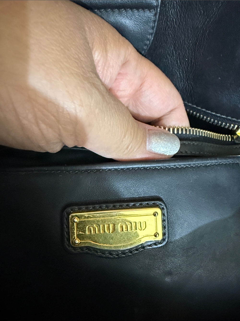 Miu Miu Black Leather Shoulder Tote with Gold Logo - Picture 8 of 8